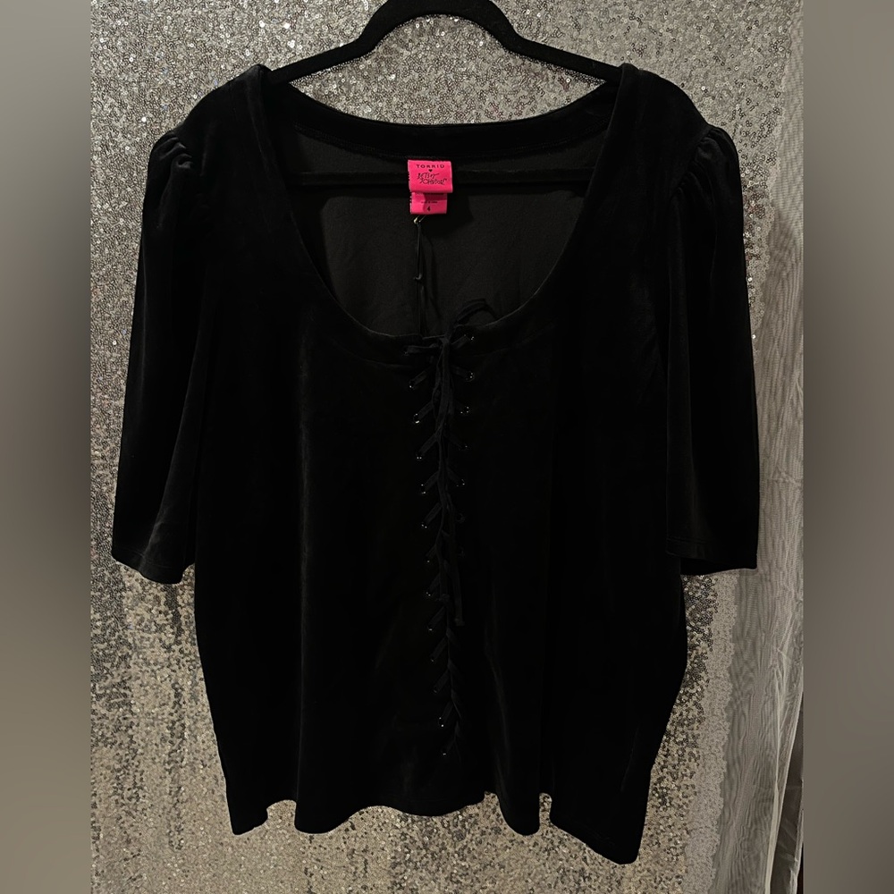Betsey Johnson Torrid Collab  Black Velvet Lace-Up Blouse
